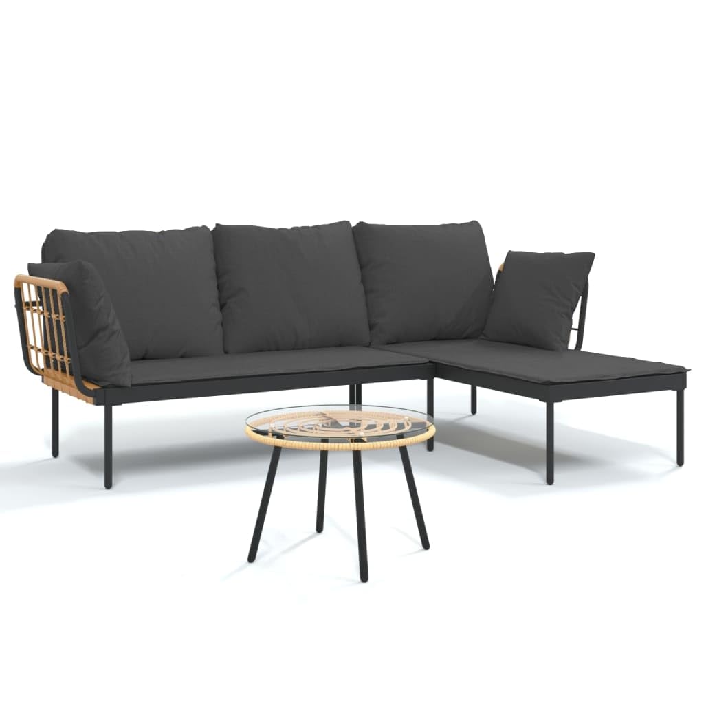 vidaXL 3 Piece Patio Lounge Set - Dark Gray Cushions, PE Rattan & Powder-Coated Steel Frame, Tempered Glass Table Top – Perfect for Outdoor Garden or Patio
