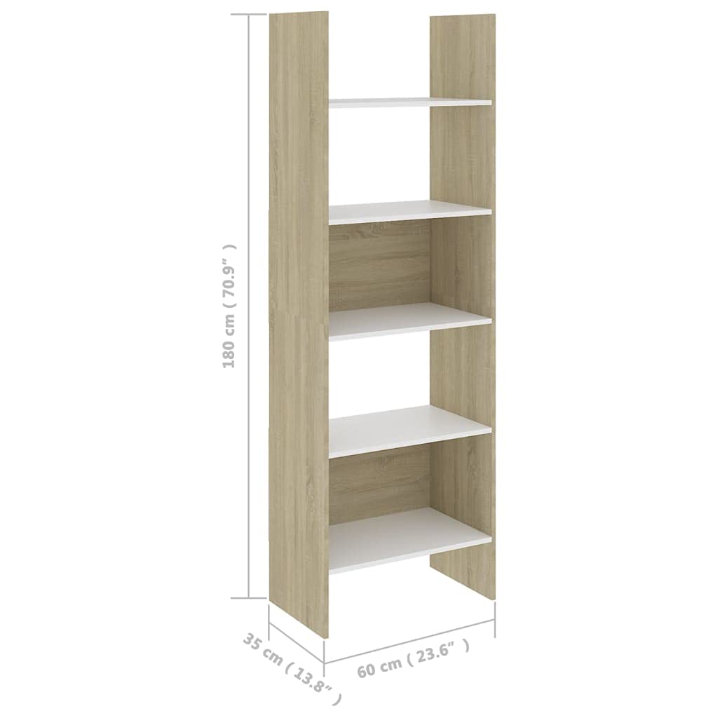 NusGear Book Cabinet White and Sonoma Oak 23.6&quot;x13.8&quot;x70.9&quot; Chipboard-N3412