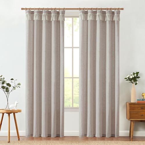 Jinchan Linen Blend Curtains With Tassels, Curtains For Living Room 84 Inches Long, Boho Curtains, Rod Pocket Back Tab Flax Farmhouse Curtains For Bedroom Light Filtering Taupe Window Curtain 2 Panels