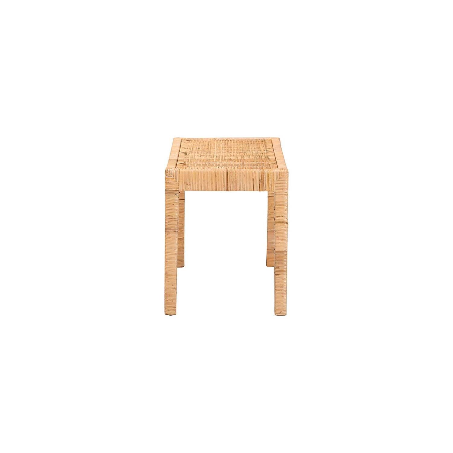 Baxton Studio Abelia Modern Bohemian Natural Rattan and Mahogany Wood Short Accent Bench