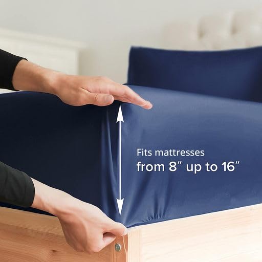 King Fitted Bed Sheet - Hotel Luxury & Cooling Single Fitted Sheet Only - Easily Fits Mattress Up To 16 Inches Perfectly - Soft, Wrinkle Free, Breathable & Comfy Navy Blue Single Fitted Bed Sheet
