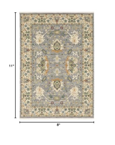 HomeRoots 509294 8 x 11 ft. Gray Ivory Orange Teal Green Charcoal Blue & Red Oriental Power Loom Stain Resistant Rectangle Area Rug with Fringe