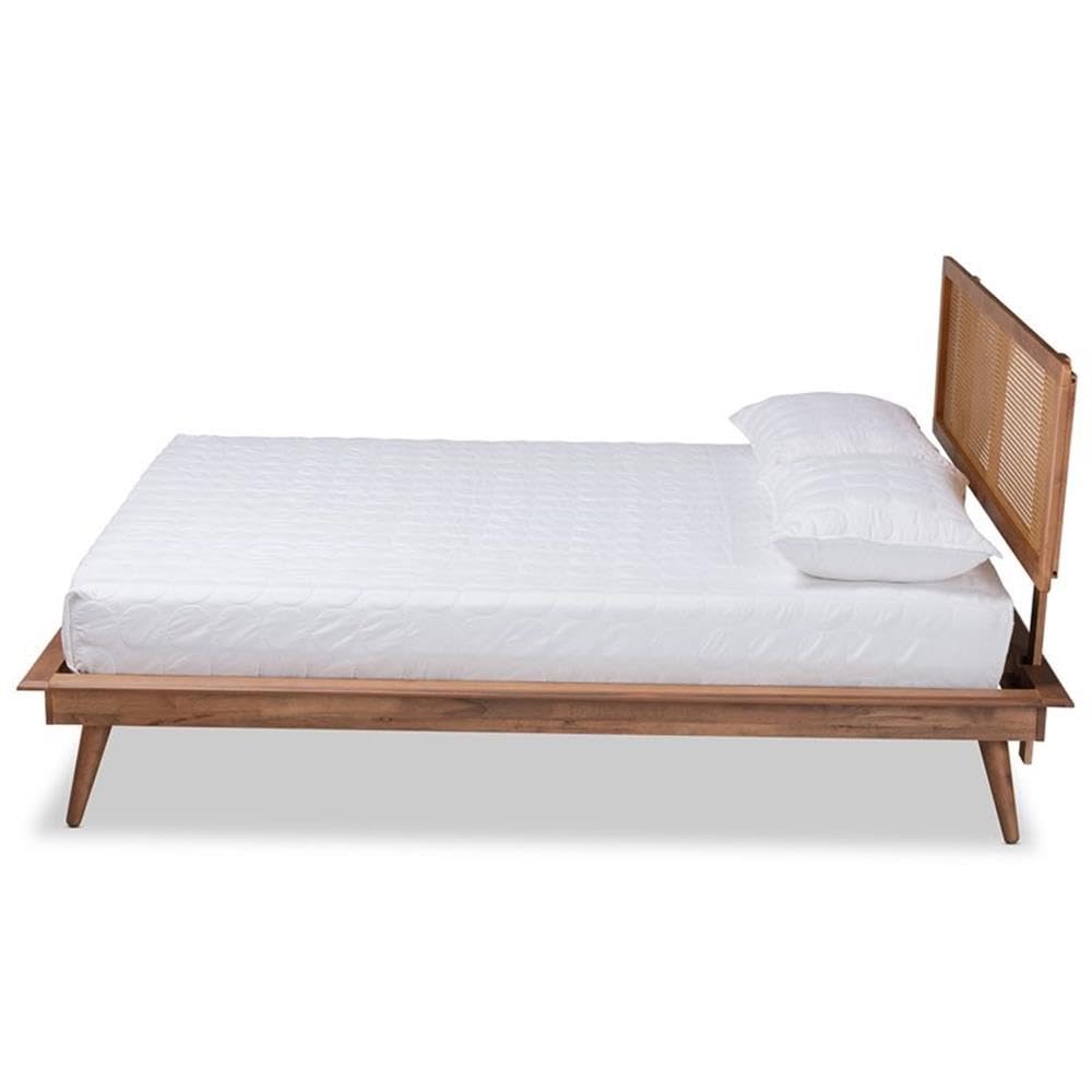 Baxton Studio Nura Mid-Century Modern Walnut Brown Finished Wood and Synthetic Rattan Queen Size Platform Bed
