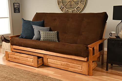 Kodiak Furniture Monterey Queen-size Futon, Storage Drawers, Butternut Finish with Suede Chocolate Mattress