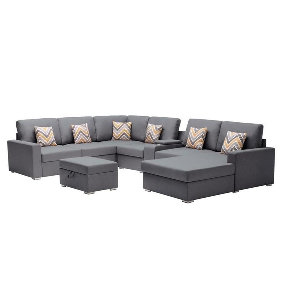 Lilola Home Nolan Gray Linen Fabric 8Pc Reversible Chaise Sectional Sofa with Interchangeable Legs, Pillows, Storage Ottoman, and a USB, Charging Ports, Cupholders, Storage Console Table
