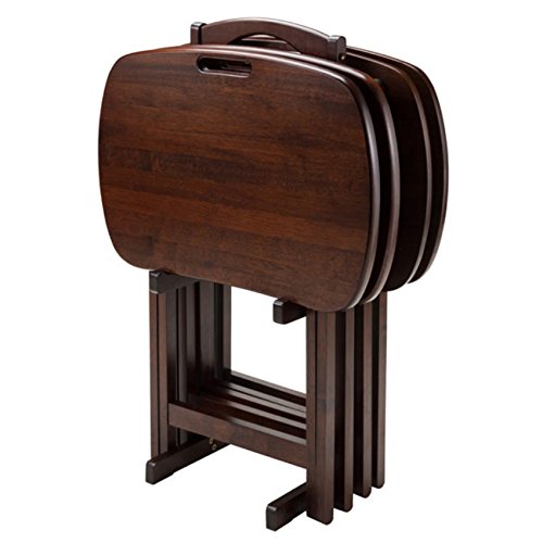 Ergode Wood 5-Piece Snack Table Set - Stylish Folding Tables, Durable X-Frame Base, Convenient Upright Stand, Easy Assembly, Perfect For Entertaining (Brown)