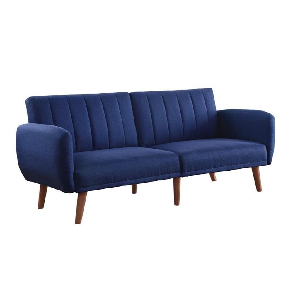 Acme Bernstein Linen Fabric Tufted Upholstery Adjustable Sofa in Blue and Walnut