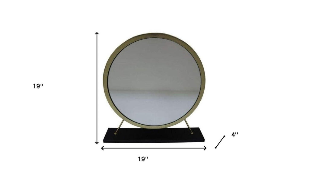HomeRoots 485937 19 in. Faux Fur Round Makeup Shaving Tabletop Mirror Black & Brass