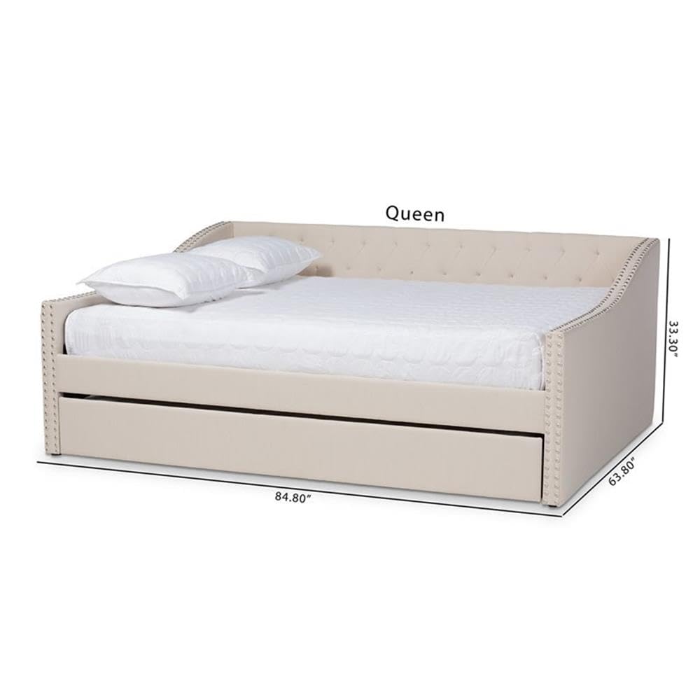 Baxton Studio Haylie Modern and Contemporary Beige Fabric Upholstered Full Size Daybed with Roll-Out Trundle Bed
