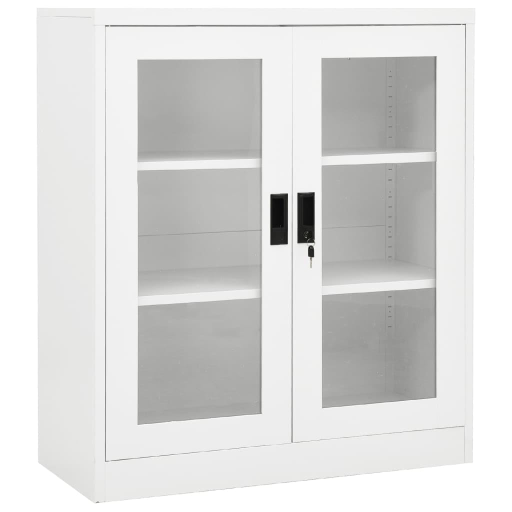 vidaXL Steel Office Cabinet with Lock - White File Cabinet with Adjustable Shelves & Tempered Glass Doors - Durable & Organized 