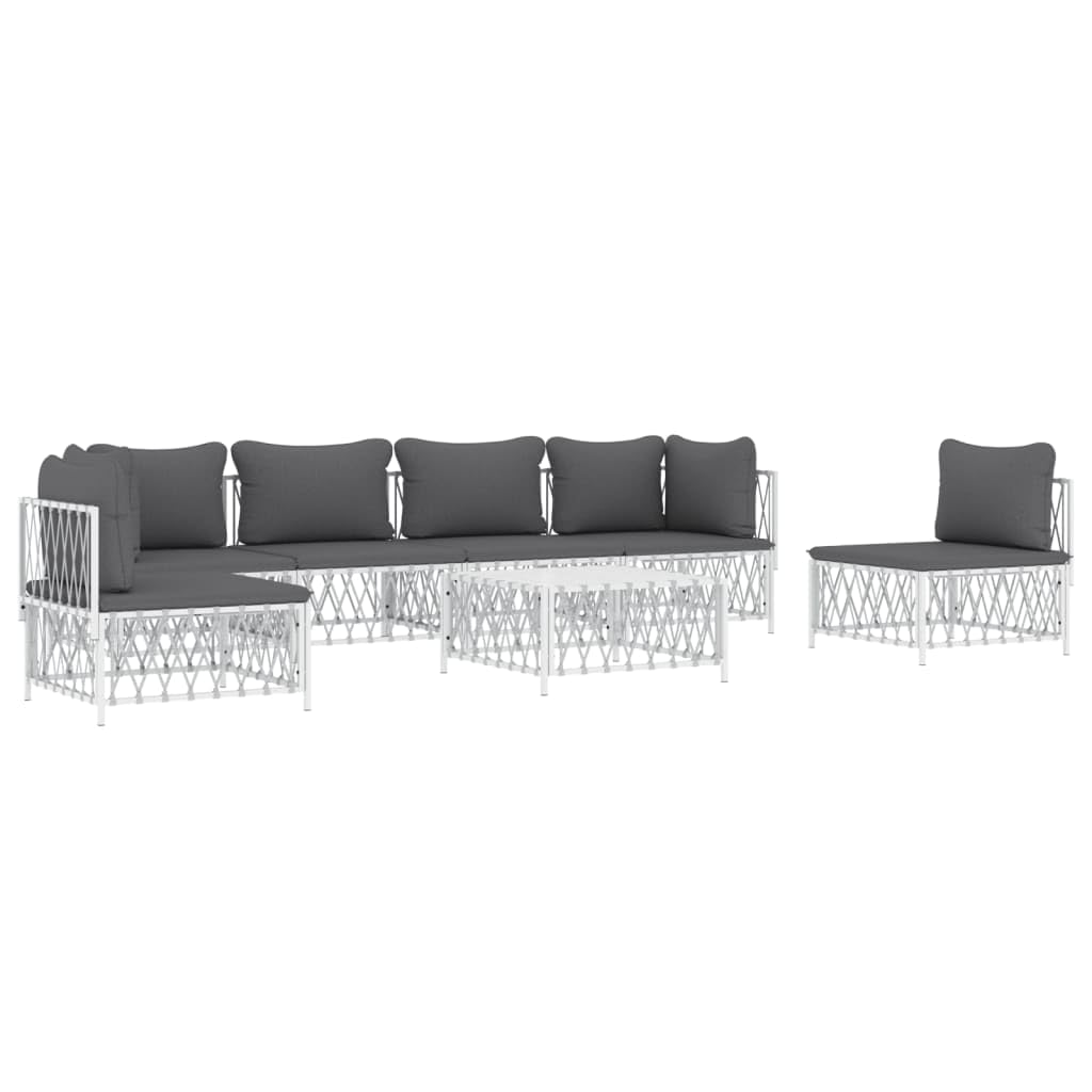 vidaXL 7-Piece White Patio Lounge Set with Cushions - Durable Woven Fabric and Powder-Coated Steel - Modular Outdoor Sofa Set - Complete Set for Outdoor Space