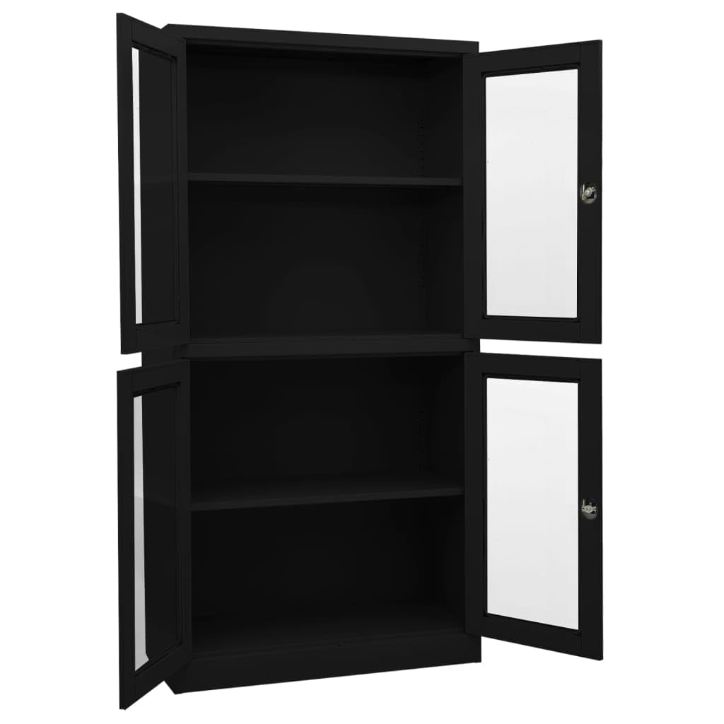 vidaXL Sturdy and Durable Office Cabinet - Tempered Glass and Black Steel - 35.4&quot;x15.7&quot;x70.9&quot; - Lockable Doors - 2 Adjustable Shelves