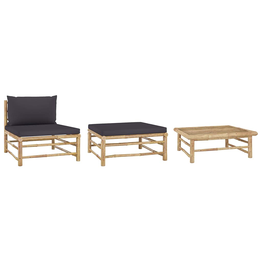 vidaXL 3-Piece Patio Lounge Set with Sleek Dark Gray Cushions, Bamboo Outdoor Furniture - Middle Sofa, Footrest, Side Table Included