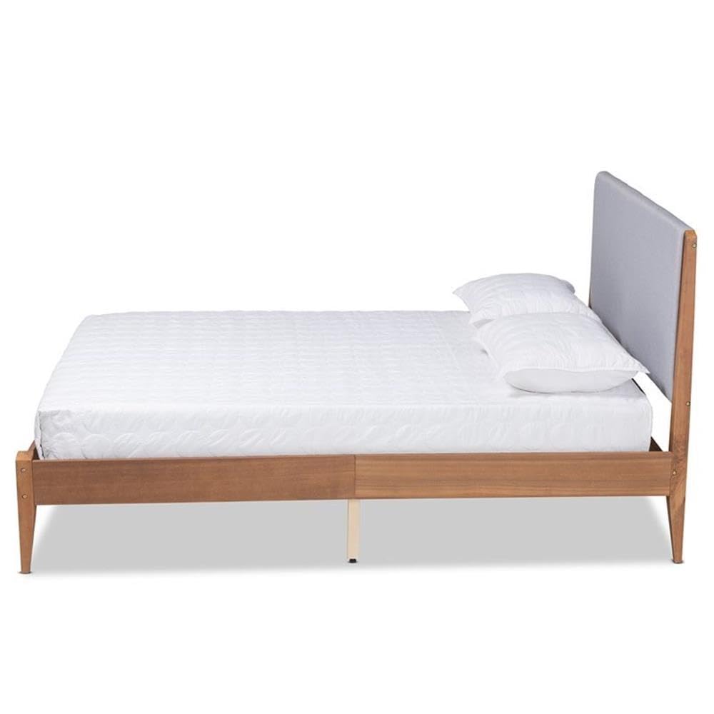 Baxton Studio Lenora Mid-Century Modern Grey Fabric Upholstered and Walnut Brown Finished Wood King Size Platform Bed