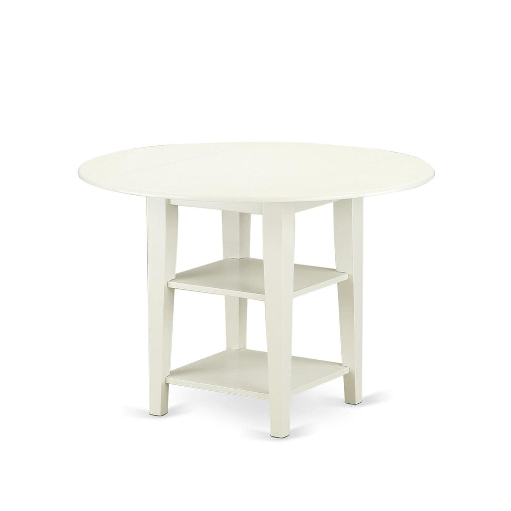 East West Furniture SUIP5-BMK-W 5 Piece Dining Set Includes a Round Dining Room Table with Dropleaf & Shelves and 4 Wood Seat Chairs, 42x42 Inch, Buttermilk & Cherry