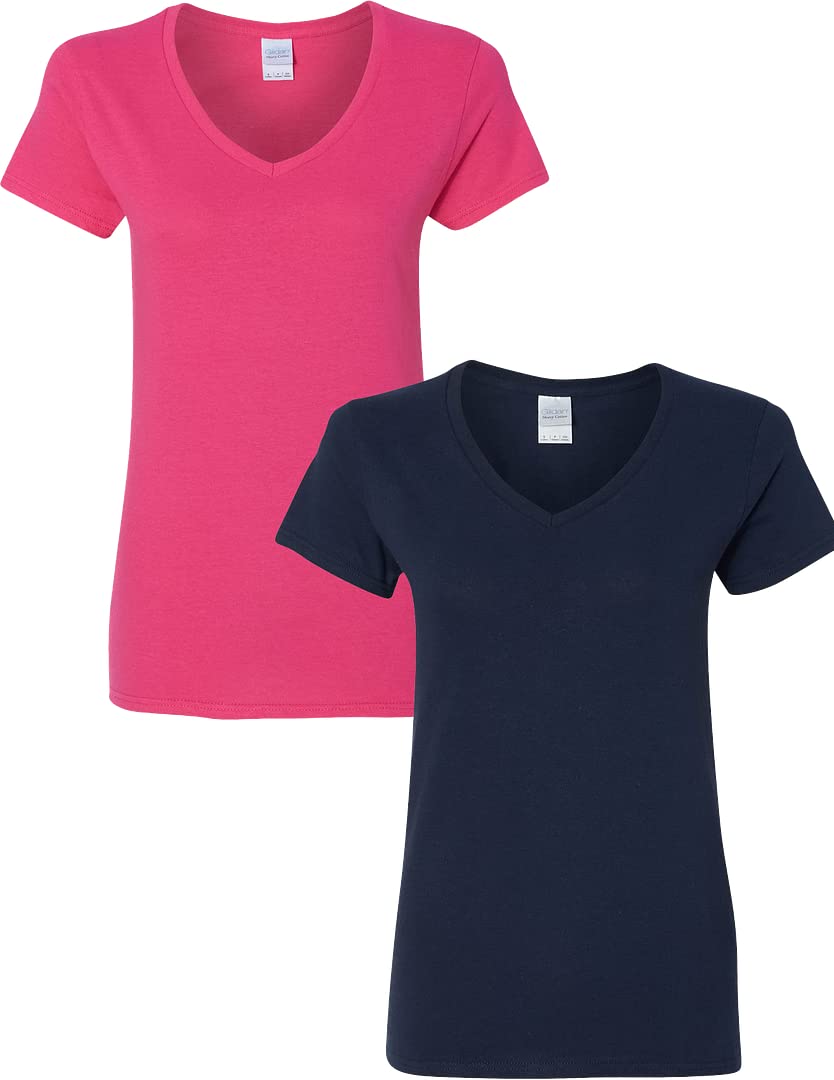 Gildan Womens Heavy Cotton V-Neck T-Shirt 2-Pack Med-Heleconia-Navy