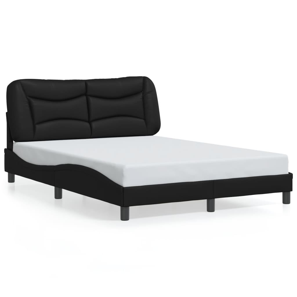 vidaXL Full-Size Bed Frame & Headboard in Black Faux Leather with Waved Design, Plywood Slats & Plush Cushion - Elegant Bedroom Furniture