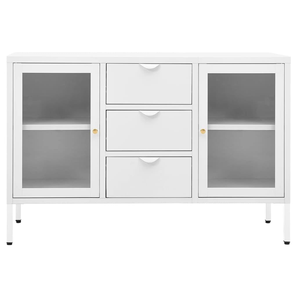 vidaXL Modern Sideboard in White - Durable Steel and Tempered Glass Storage Cabinet with Adjustable Shelves and Drawers