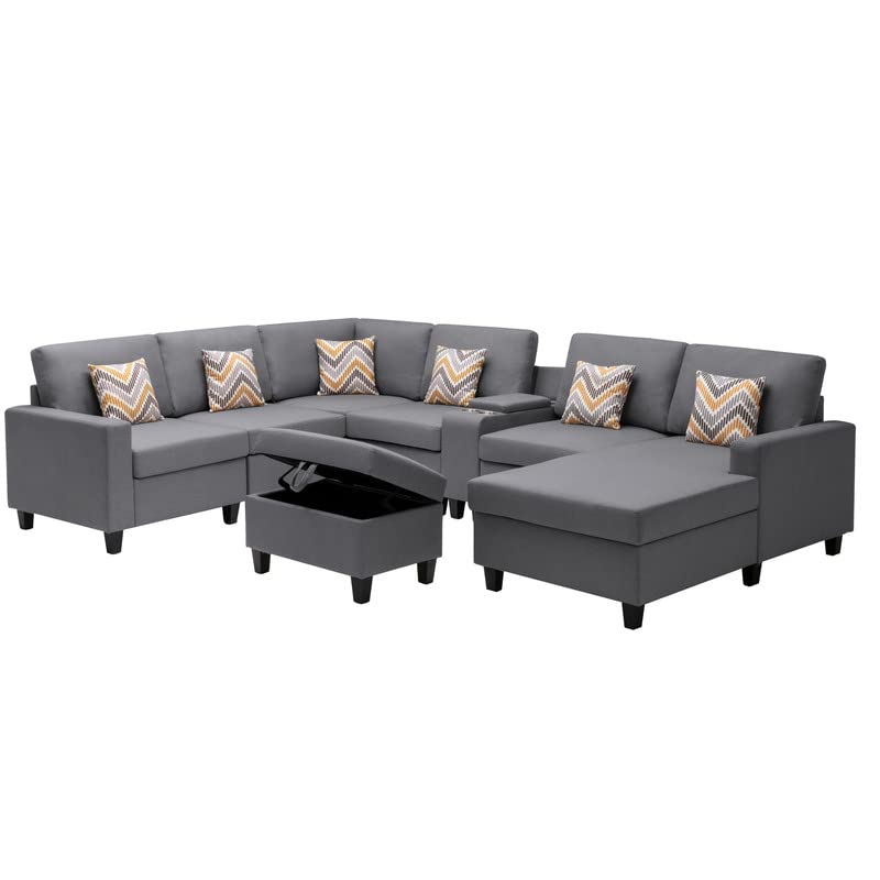 Lilola Home Nolan Gray Linen Fabric 8Pc Reversible Chaise Sectional Sofa with Interchangeable Legs, Pillows, Storage Ottoman, and a USB, Charging Ports, Cupholders, Storage Console Table