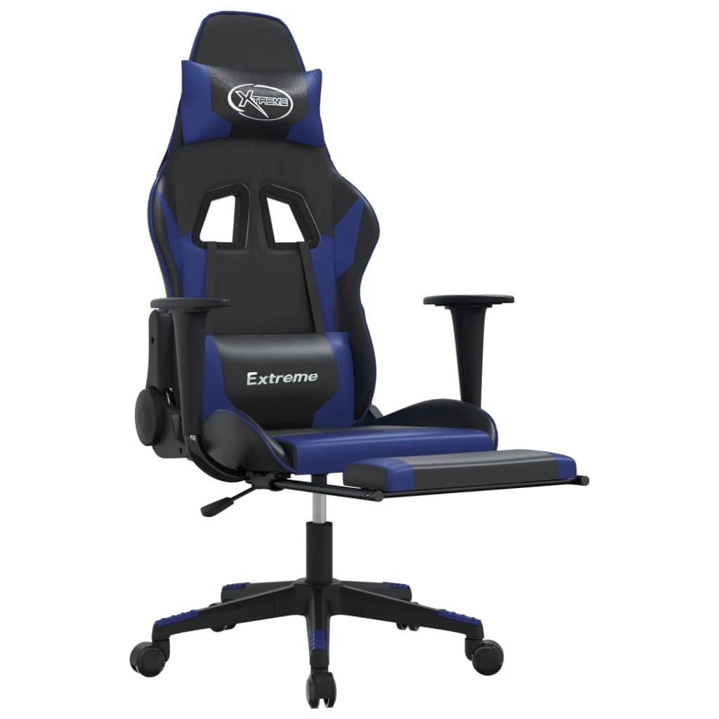 vidaXL Adjustable Gaming Chair with Footrest and Massage Function - Black&Blue Faux Leather