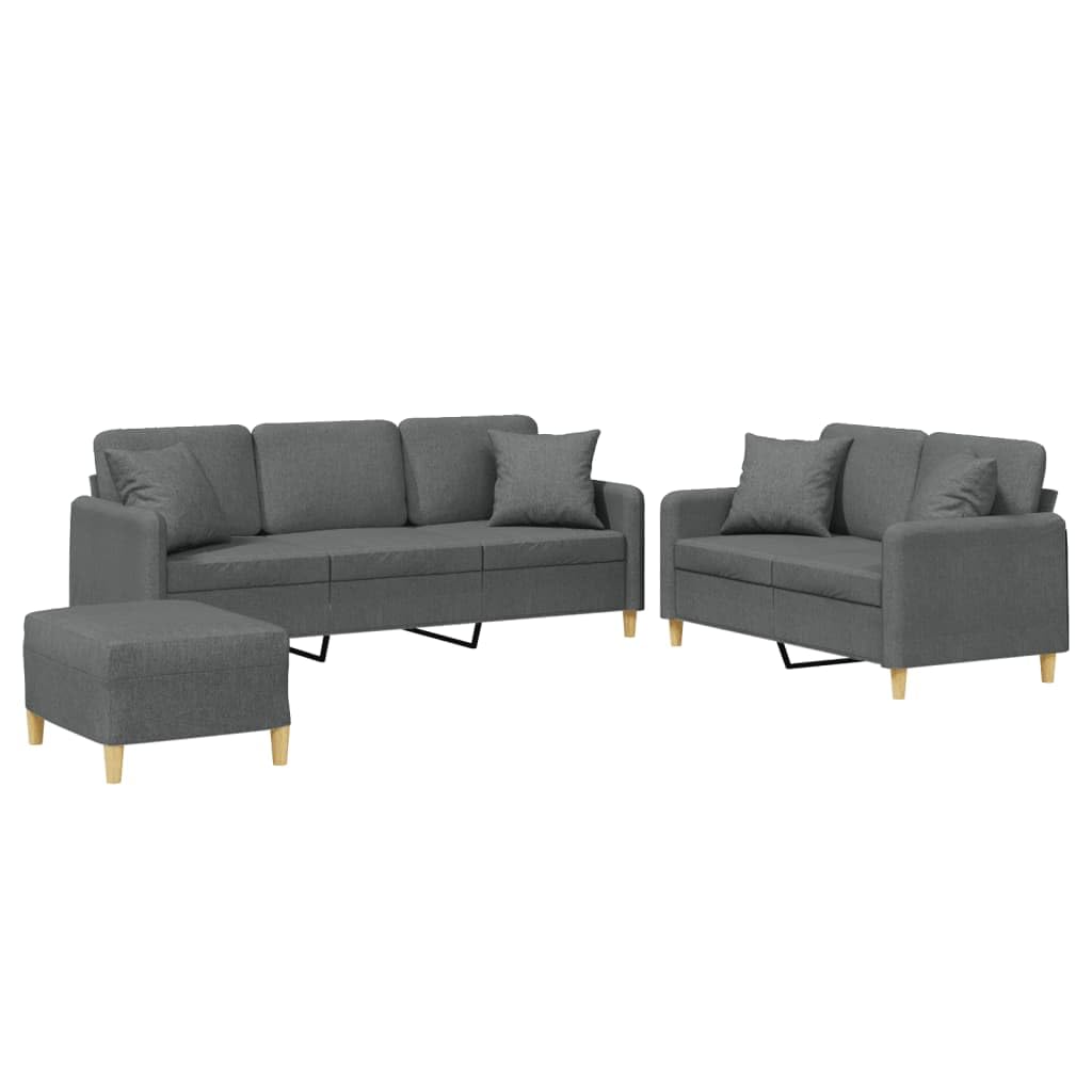 vidaXL Modern 3 Piece Sofa Set in Dark Gray Fabric - Includes 2 Seater Sofa, 3 Seater Sofa, and Footstool with Pillows