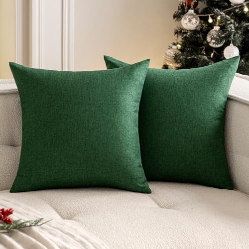 Woaboy Set Of 2 Green Outdoor Waterproof Throw Pillow Covers Decorative Farmhouse Linen Pillowcases Solid Cushion Cases For Patio Tent Balcony Couch Sofa Livingroom 16X16 Inch