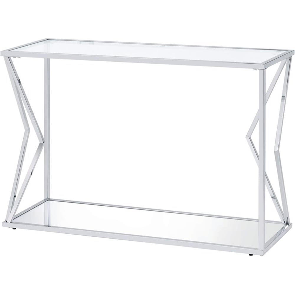 Acme Virtue Glass Top Sofa Table with Bottom Shelf in Clear and Chrome