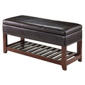 Ergode Colin Bench | Versatile & Stylish | Dark Faux Leather Cushion | 2 Corn Husk Baskets | Slated Shelf | Ample Comfort | Chocolate Brown | Sturdy Wood | (94143-VV)
