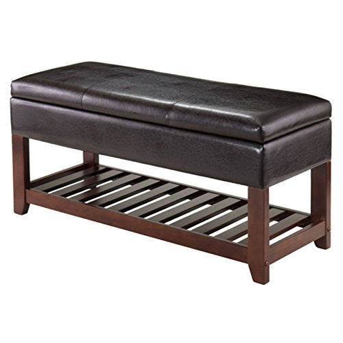 Ergode Colin Bench | Versatile & Stylish | Dark Faux Leather Cushion | 2 Corn Husk Baskets | Slated Shelf | Ample Comfort | Chocolate Brown | Sturdy Wood | (94143-VV)