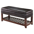Ergode Colin Bench | Versatile & Stylish | Dark Faux Leather Cushion | 2 Corn Husk Baskets | Slated Shelf | Ample Comfort | Chocolate Brown | Sturdy Wood | (94143-VV)