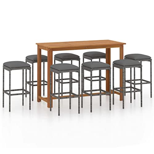 vidaXL Patio Bar Set 9 Piece, Outdoor Bar Table and Stools with Wood Tabletop, Patio Furniture Set with Cushions, Dining Set for Garden, Farmhouse, Gray