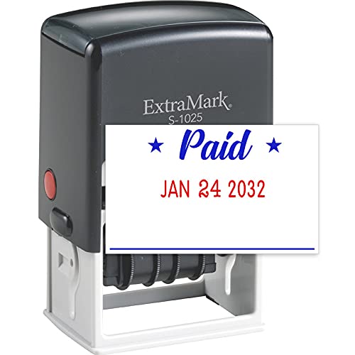Extramark S-1025 Professional Self Inking Office Date Stamp With 'Paid' Phrase - Style P - Blue & Red Color Ink