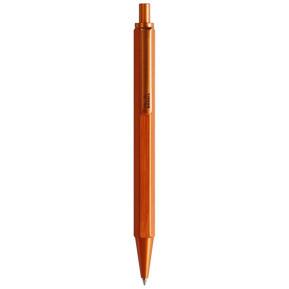 Rhodia 9388C - Script Refillable Ballpoint Pen Hexagonal Brushed Aluminium Body - Orange - 0.7 Mm High Precision Retractable Bal
