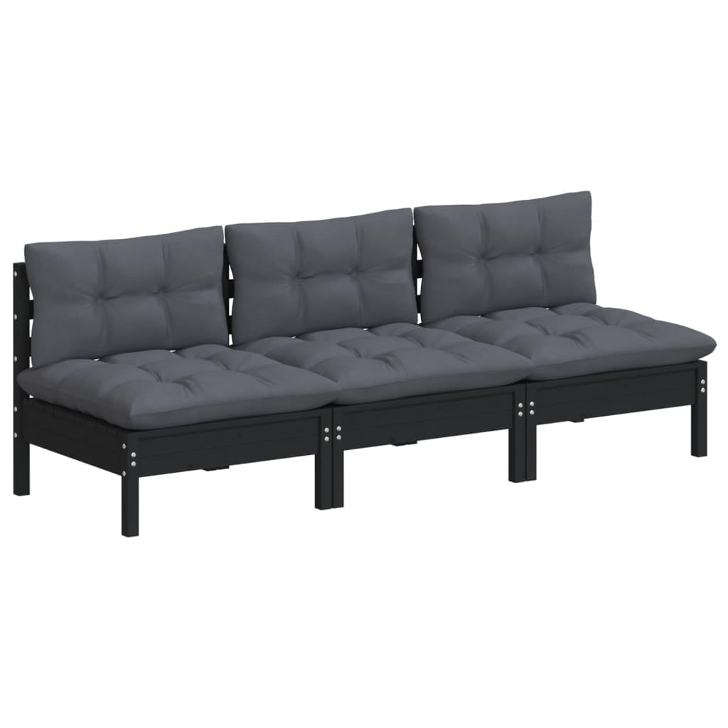 vidaXL Solid Pinewood 3-Seater Patio Sofa with Anthracite Cushions Garden Outdoor Lawn Yard Terrace Balcony Seat Seating Sitting Chair Furniture