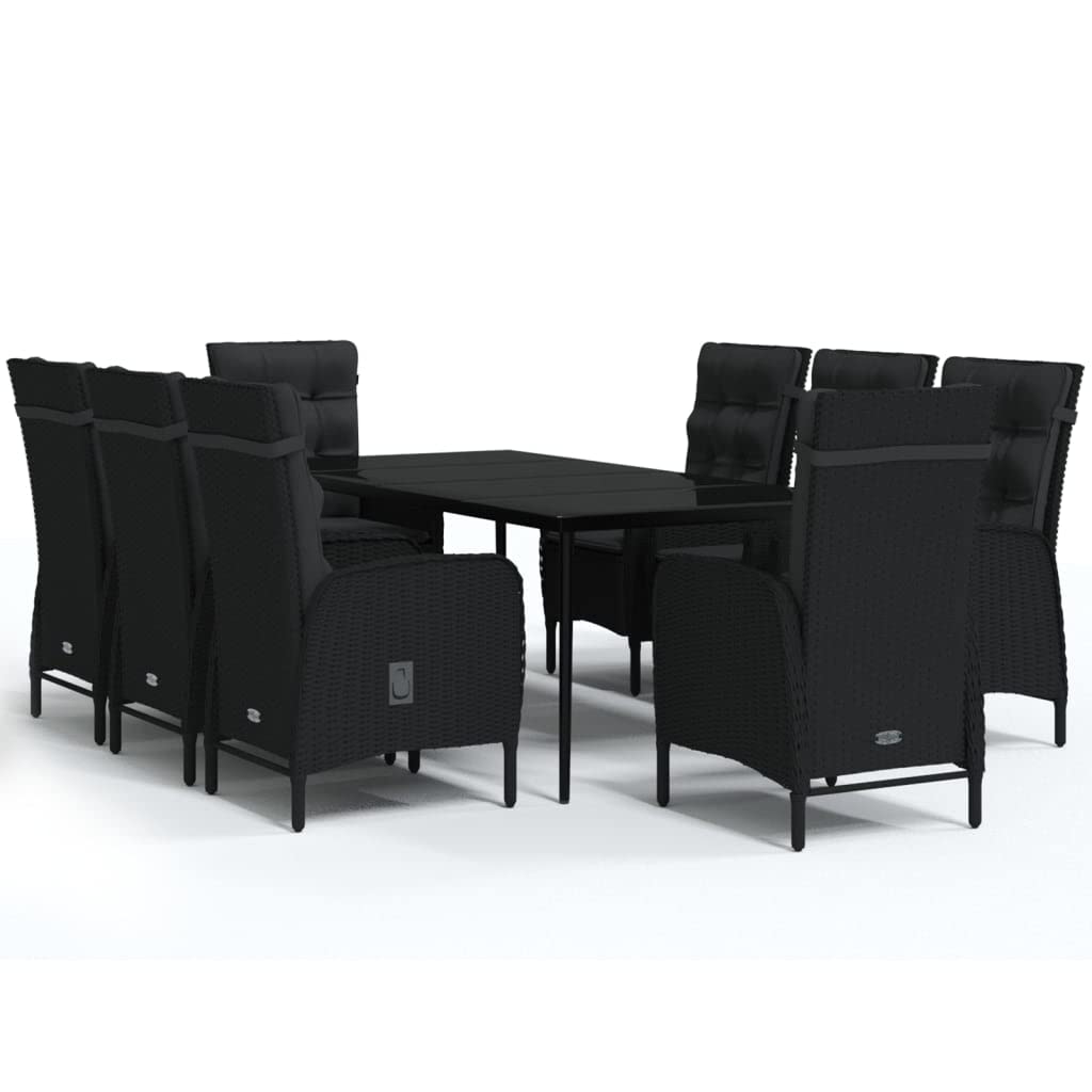 vidaXL Black Rattan 9-Piece Outdoor Dining Set with Cushions and Glass Tabletop - Rectangular Table and Chairs for Garden, Patio, Deck