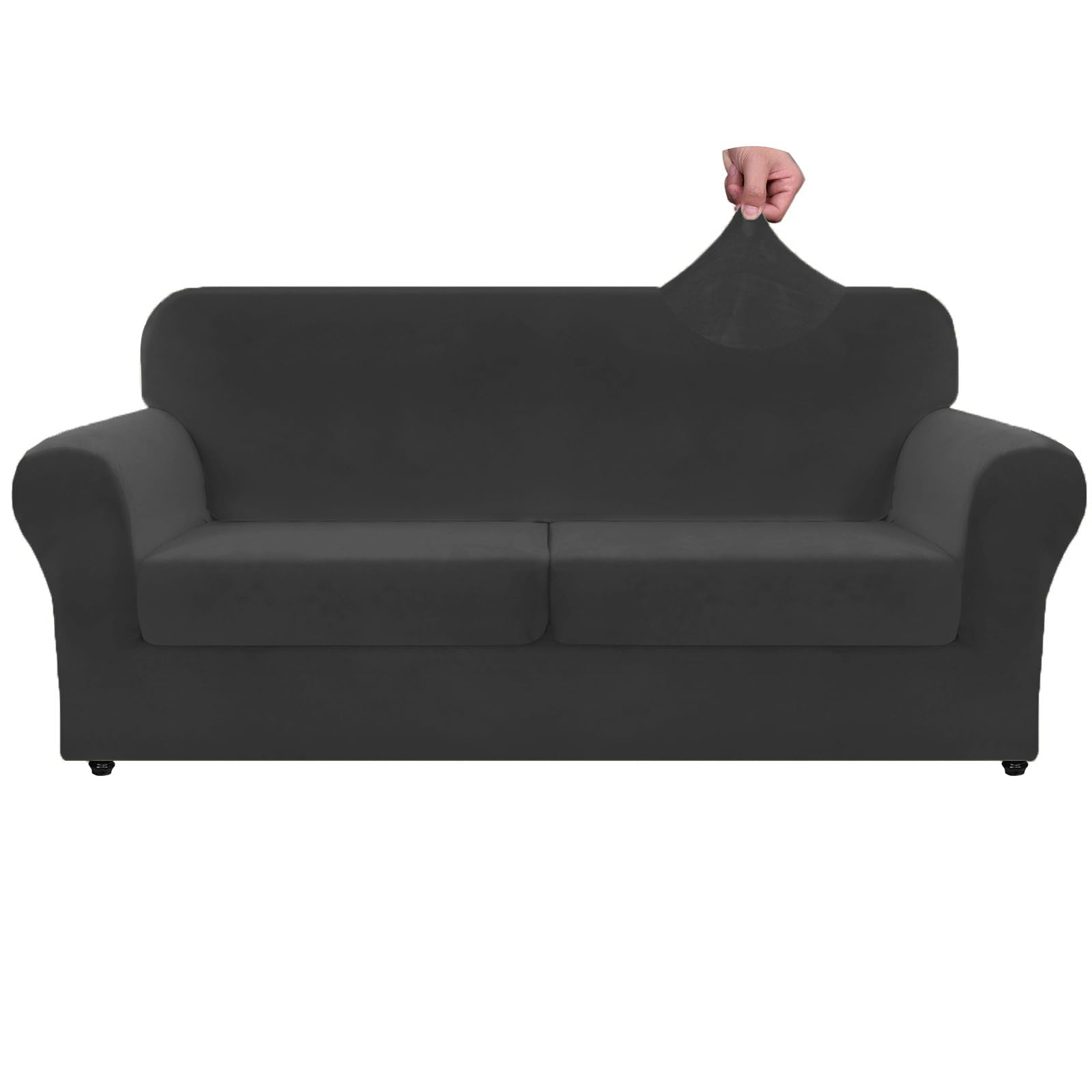 Znsayotx Oversized Velvet 3 Piece Couch Cover With 2 Extra Large Seat Cushion Covers Stretch Sofa Cover For 2 Cushion Couch Thick Soft Loveseat Sofa Slipcover (Black),71'-91'(2 Cushions)