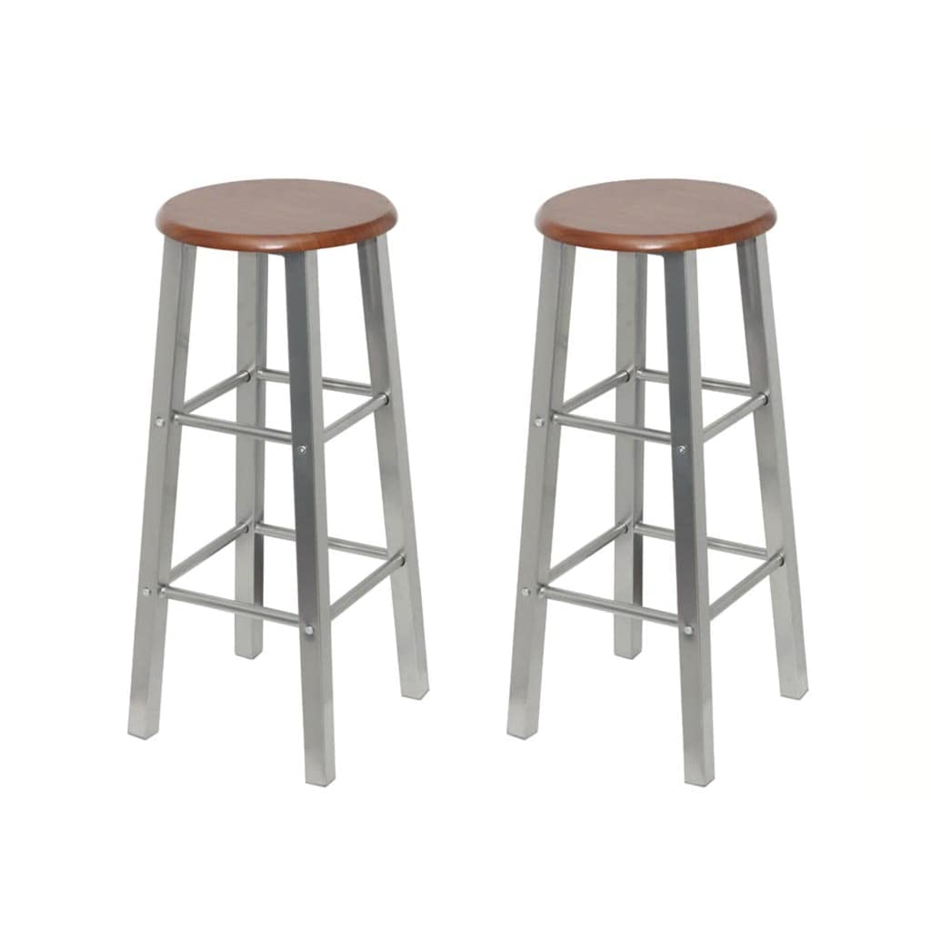vidaXL 2-Piece Metal Bar Stools with MDF Seat- Modern, Sturdy Seating Solution with Built-in Footrests, 27.6&quot; Seat Height, Silver and Brown