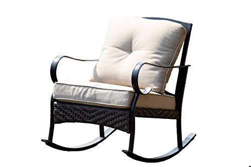 HomeRoots 25' X 33' X 34' Black Steel Patio Rocking Chair with Beige Cushions