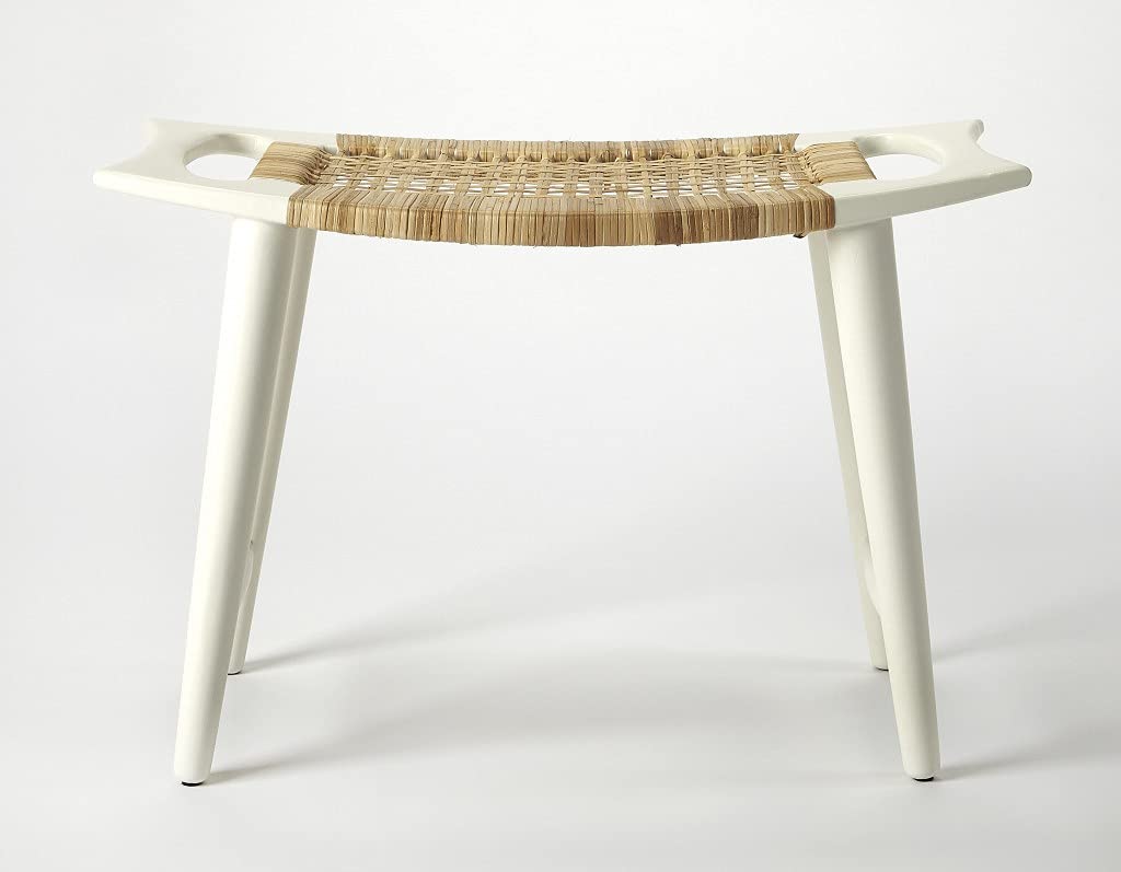 HomeRoots Mango Wood Solids, Woven Cane White and Natural Cane Woven Stool