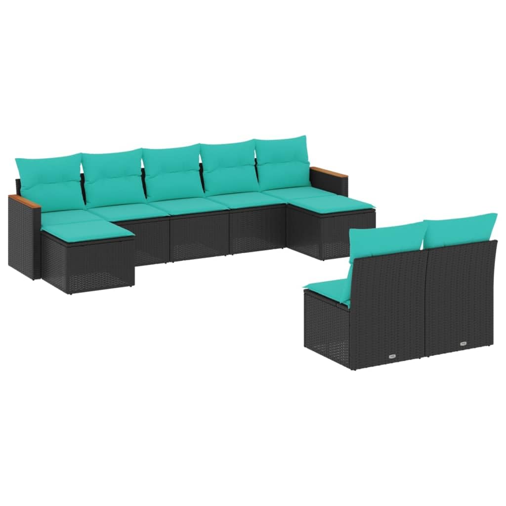 vidaXL Patio Sofa Set with Cushions - 9 Piece PE Rattan Outdoor Furniture Set - Black/Blue - Modular Design