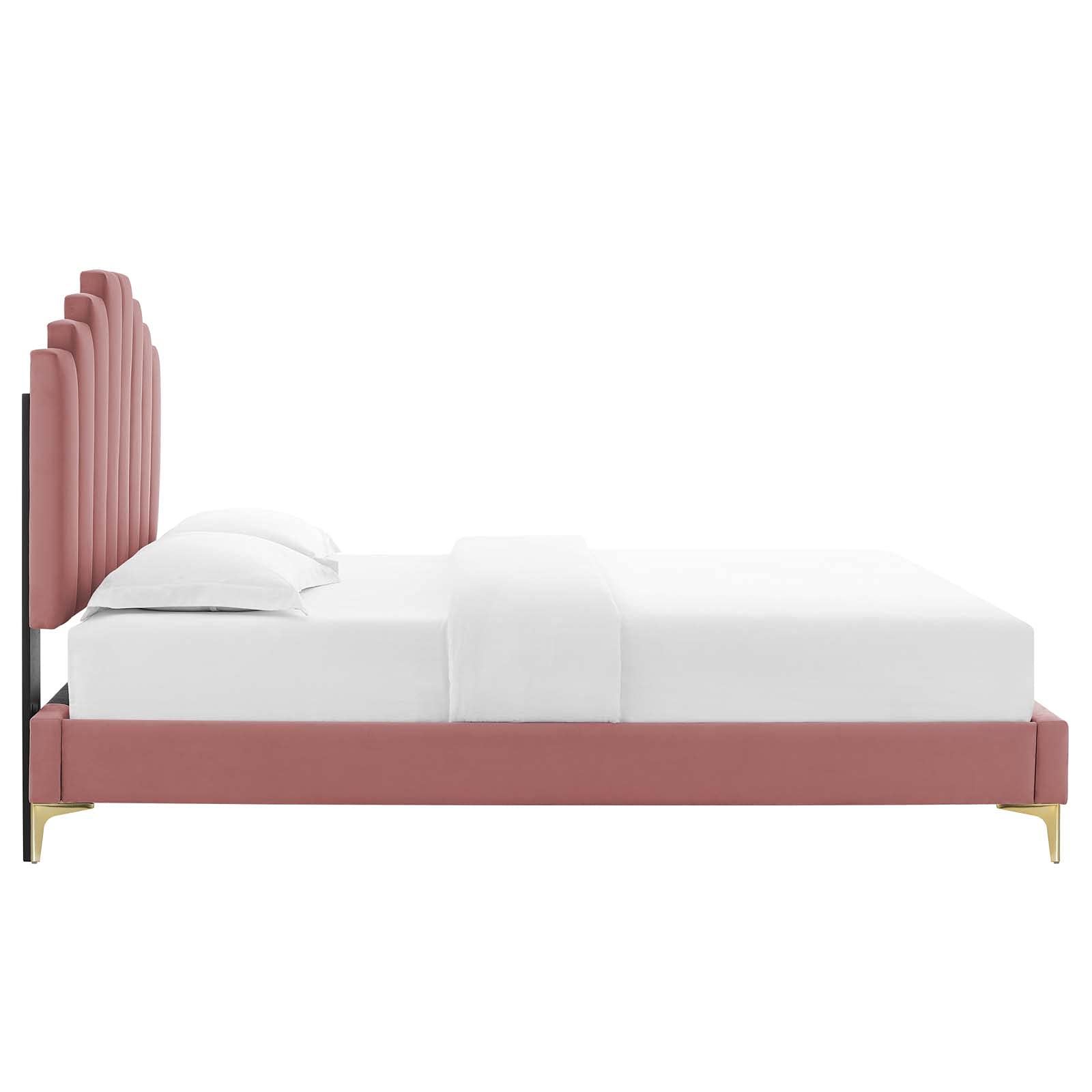 Modway Elise Channel Tufted Performance Velvet King Platform Bed In Dusty Rose With Gold Metal Legs