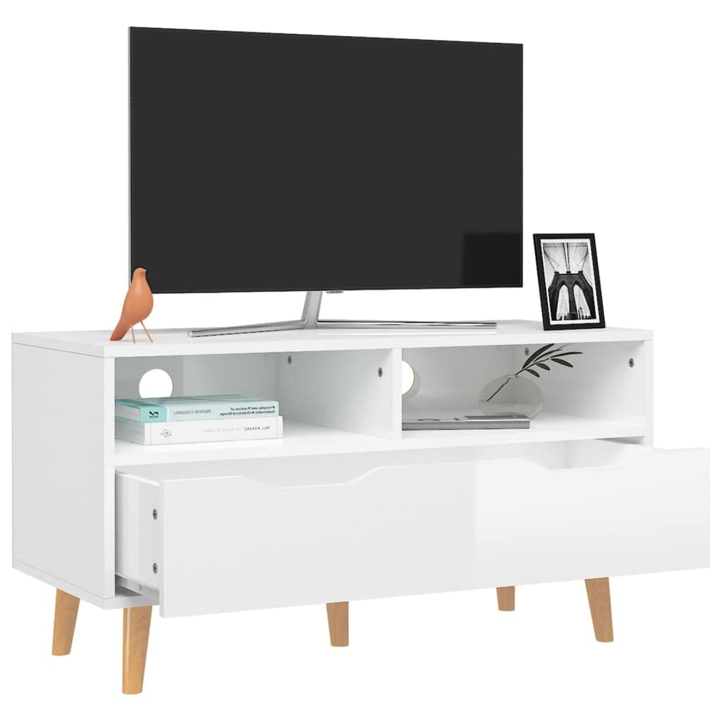 vidaXL Scandinavian Style TV Stand - High Gloss White, Modern Design Media Storage, Home Entertainment Unit, Practical Engineered Wood, Measures 35.4&quot;x15.7&quot;x19.1&quot;