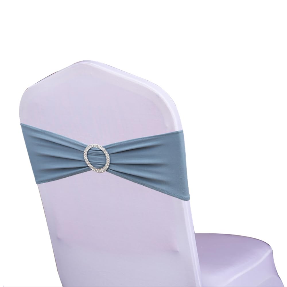 Wensinl Pack Of 100 Stretch Dusty Blue Chair Sashes For Wedding, Elastic Lycra Chair Bands With Buckle Slider, Spandex Chair Bow
