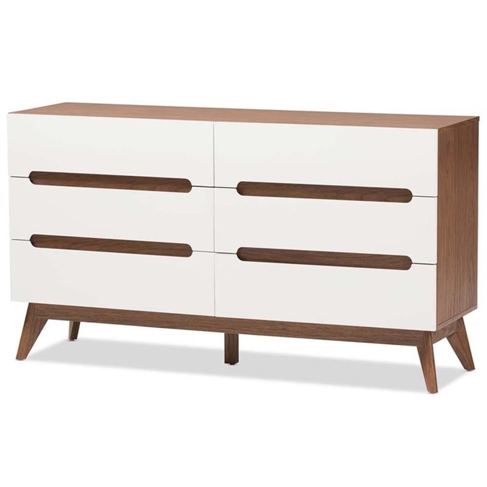 Baxton Studio Calypso Mid-Century Modern White and Walnut Wood 6-Drawer Storage Dresser/Mid-Century/Particle Board/MDF with PU Paper/White/Walnut Brown