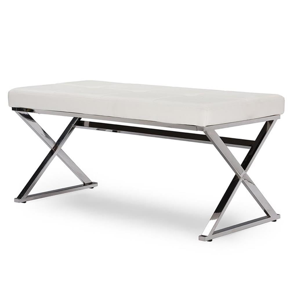 Baxton Studio Wholesale Interiors Herald Modern and Contemporary Faux Leather Upholstered Rectangle Bench, Stainless Steel and White