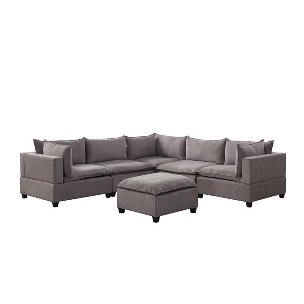 Lilola Home Madison Light Gray Fabric 6 Piece Modular Sectional Sofa with Ottoman