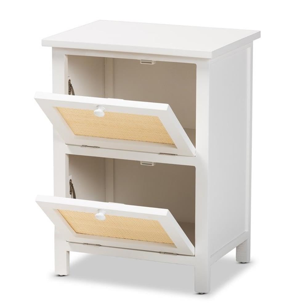 Baxton Studio Sariah Mid-Century Modern White Finished Wood and Rattan 2-Door Nightstand