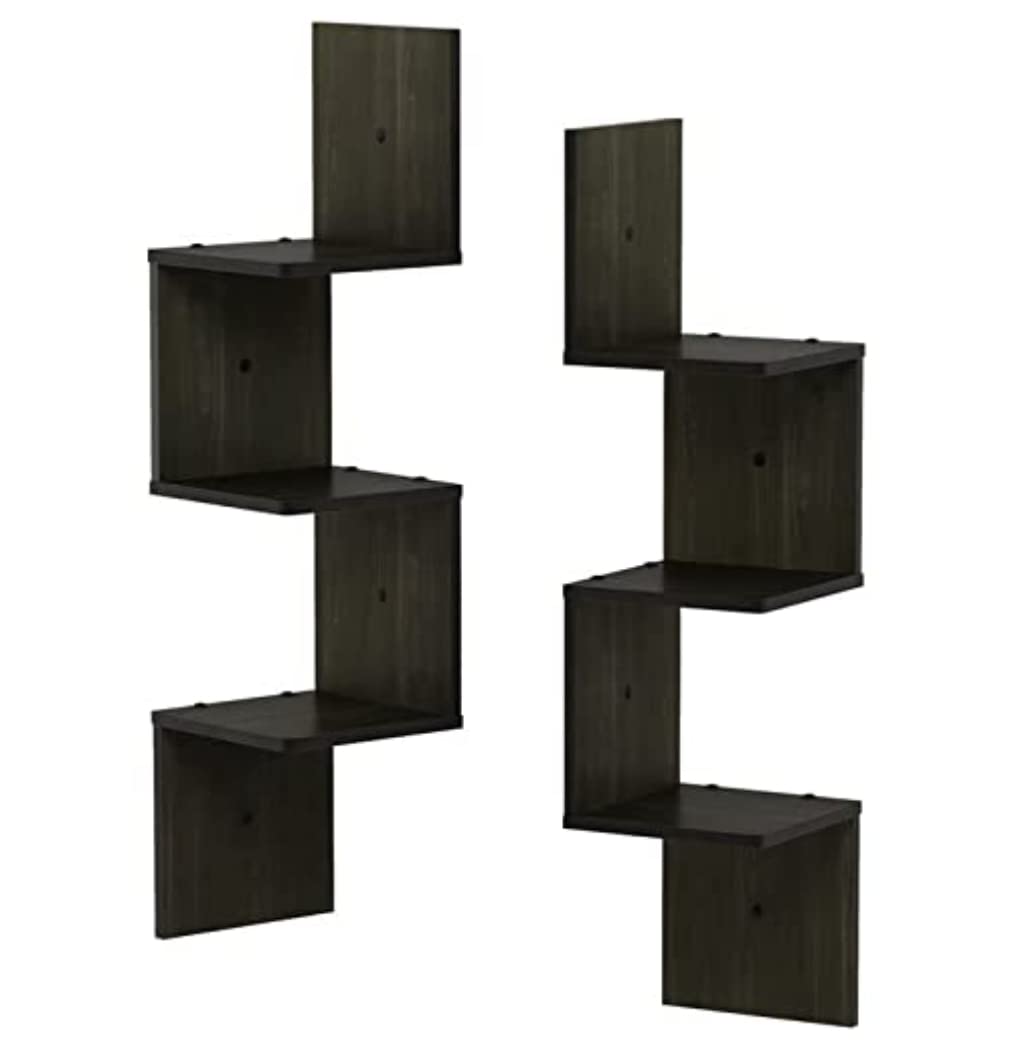 Furinno Rossi Wall Mount Floating Corner Shelf, 3-Tier Square Set Of 2, Espresso