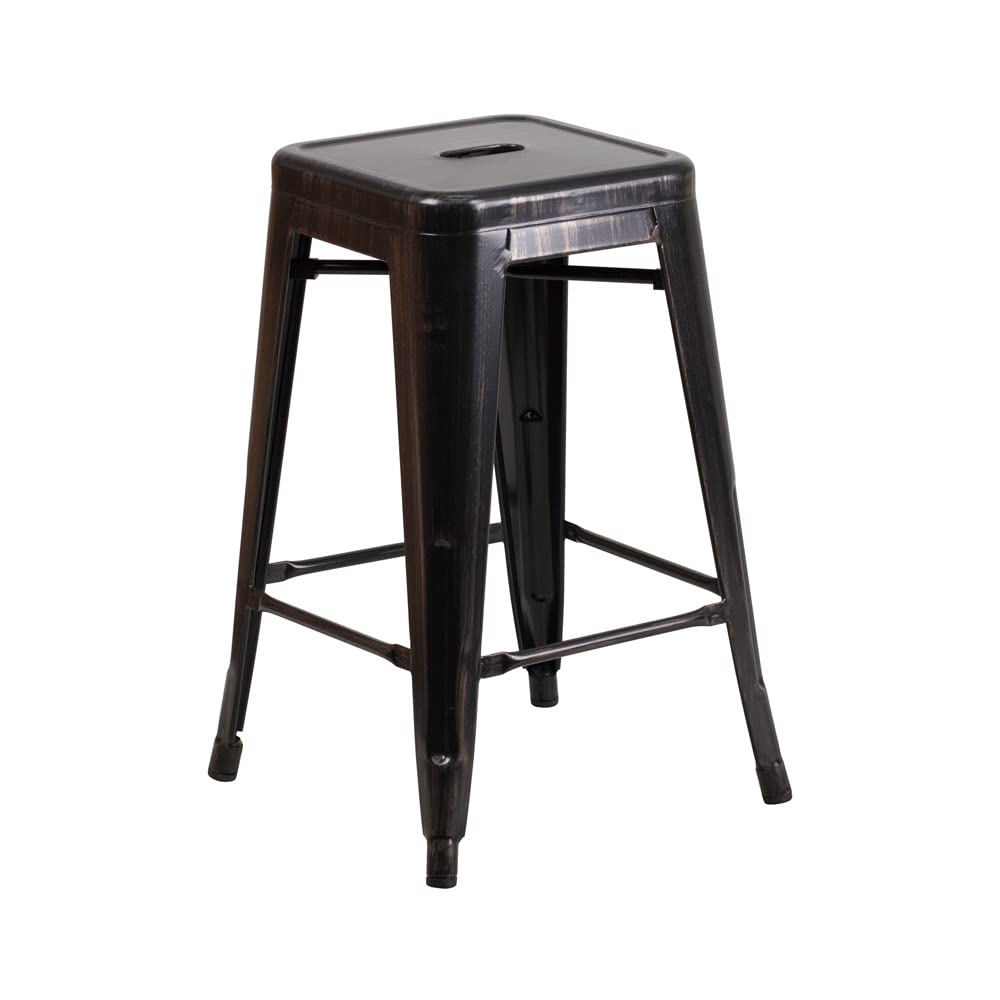 Flash Furniture Kai Commercial Grade 24' High Backless Black-Antique Gold Metal Indoor-Outdoor Counter Height Stool With Square Seat