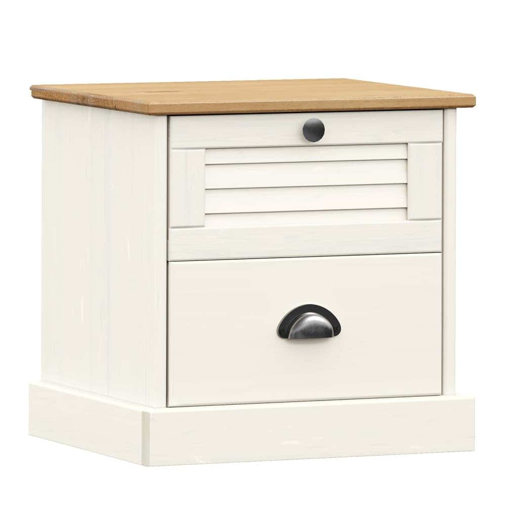 vidaXL VIGO White Bedside Cabinet - Solid Pine Wood Nightstand with Shutter Design, Metal Knobs and Storage Drawers for Bedroom/Living Room